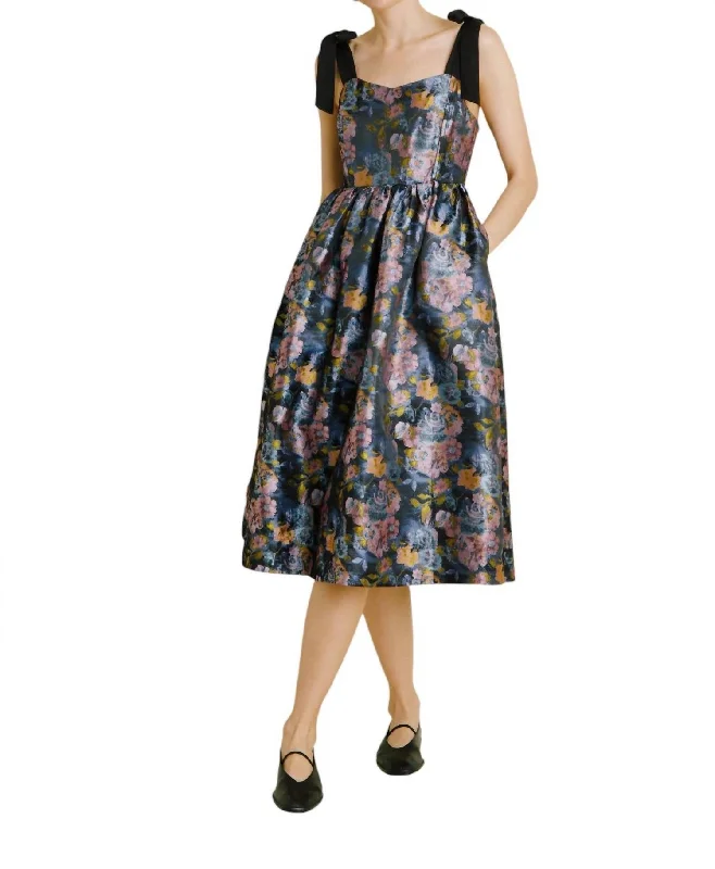 Jacquard Midi Dress W/ Ties In Navy