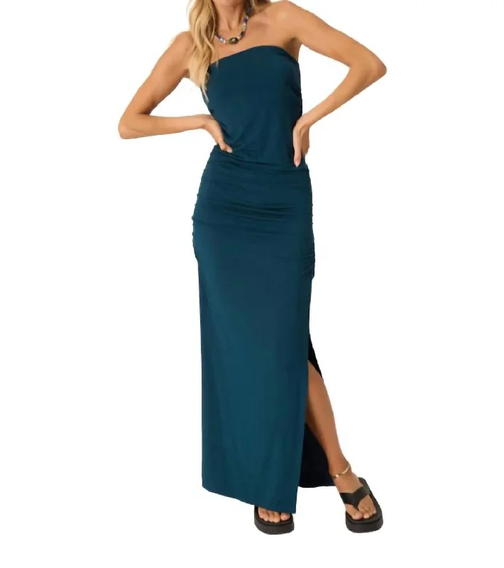 Nala Strapless Side Ruched Dress In Blue