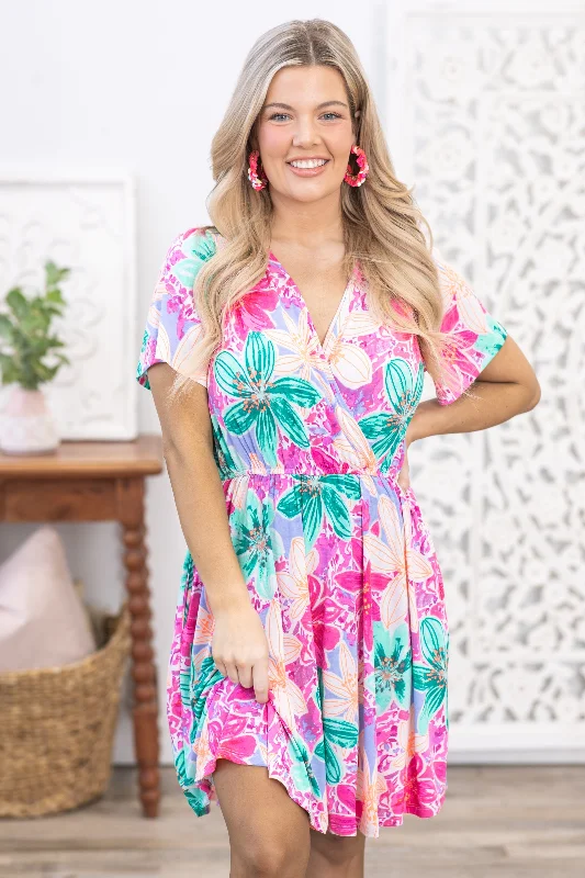 Pink Multicolor Floral Dress With Shorts