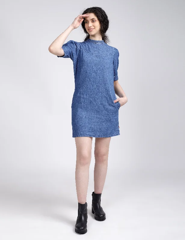 Women's Solid Blue Collar Neck Dress