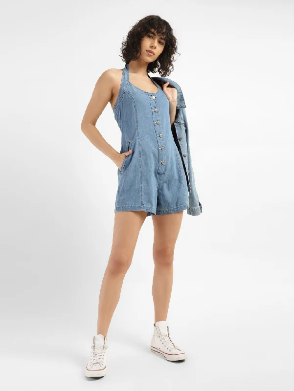 Women's Solid Blue Collar Romper Dress