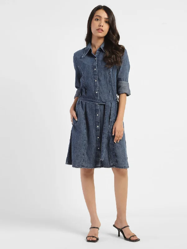 Women's Solid Mid Indigo Shirt Collar Dresses