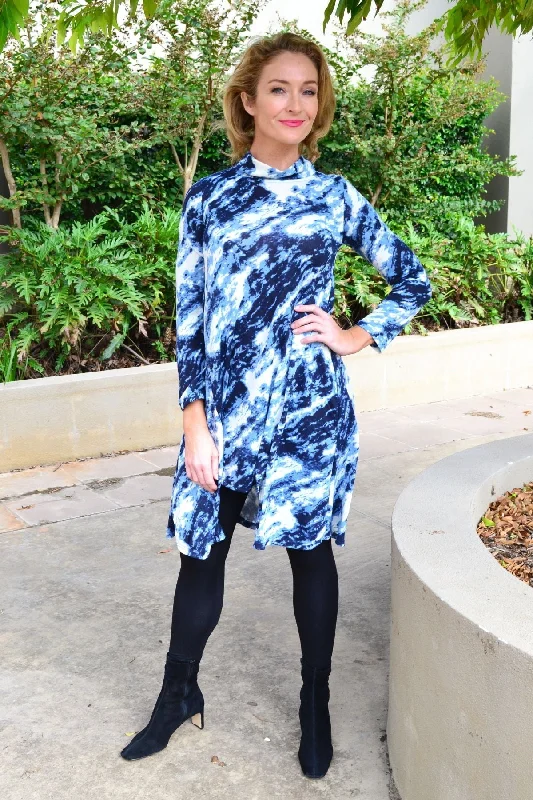 Abstract Blue Cream Fleece Tunic Dress