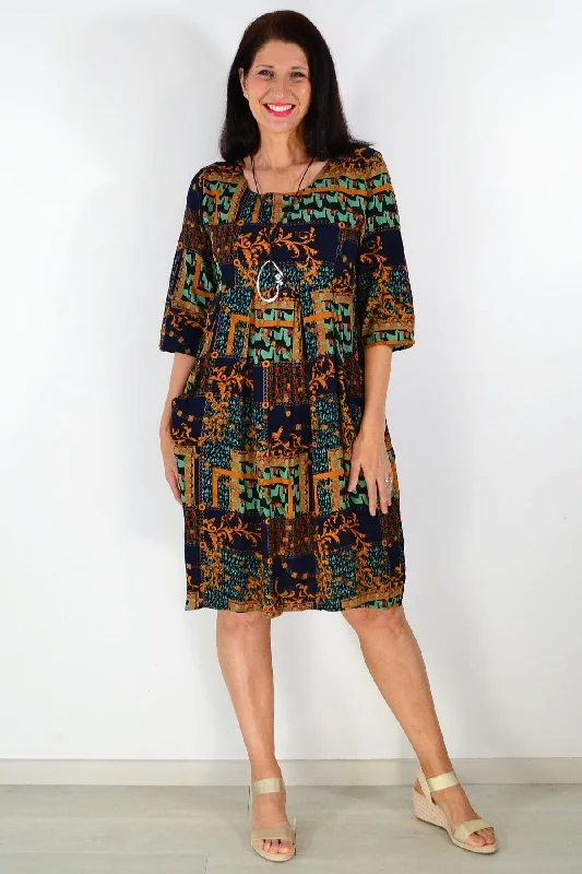 Navy Green Ornate Tunic Dress