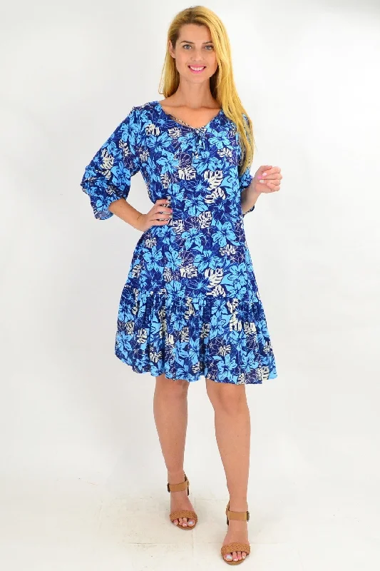 Blue Hawaiian Ruffle Sleeve Tunic Dress