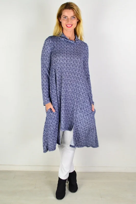 Blue Stamp Print Tunic Dress