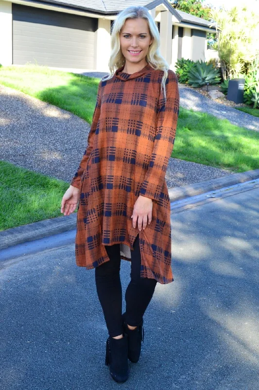 Brown Check High Neck Fleece Tunic Dress