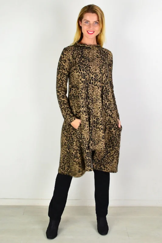 Camel Leopard Print Fleece Tunic Dress