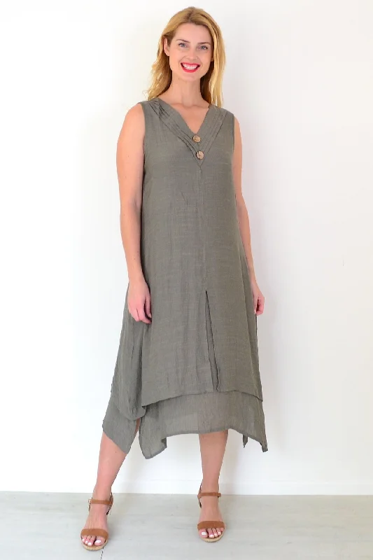 Khaki Sleeveless Coconut Button Tunic Dress