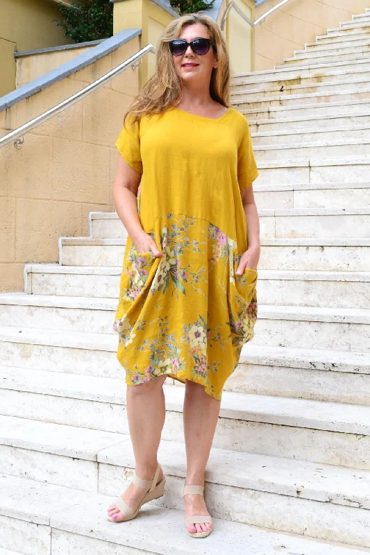 Mustard Native Flower Sleeve Linen Tunic Dress