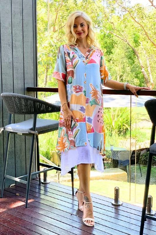 Sky Blue Floral Print Summer Tunic Dress