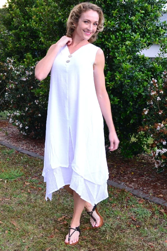 White Sleeveless Coconut Button Tunic Dress