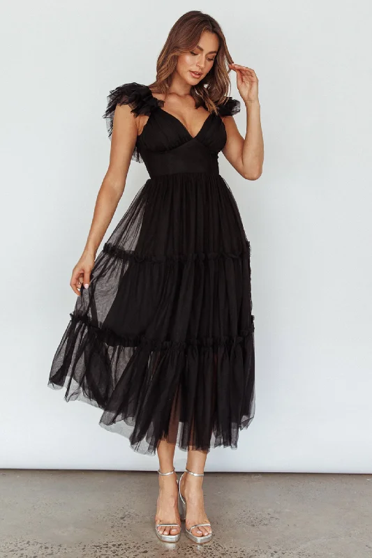 Amal Ruffle Shoulder Tulle Midi Dress Black