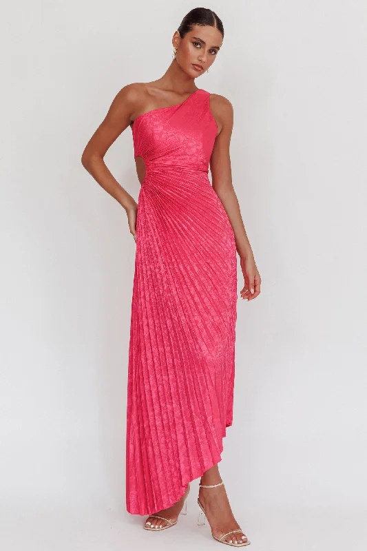 Amelie One-Shoulder Accordion Pleat Maxi Dress Floral Fuchsia