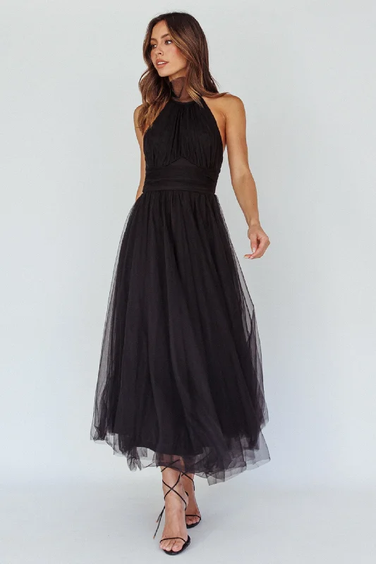 Andria Halterneck Tulle Midi Dress Black