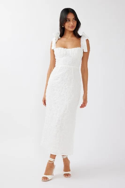 Cupid Tied Shoulder Embellished Midi Dress White