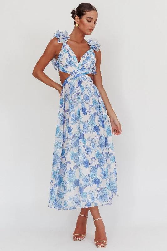 Madara Lace-Up Back Maxi Dress Floral Blue