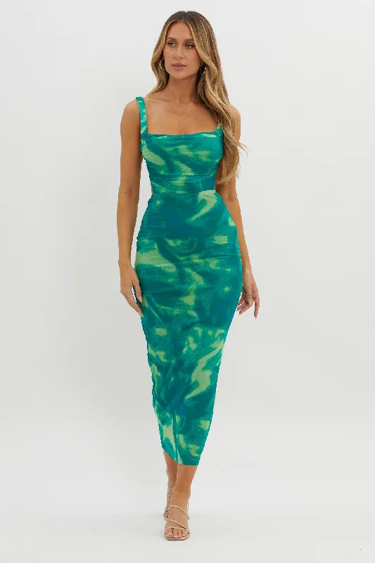 Dream Crush Lace-Up Back Side Split Maxi Dress Swirl Green