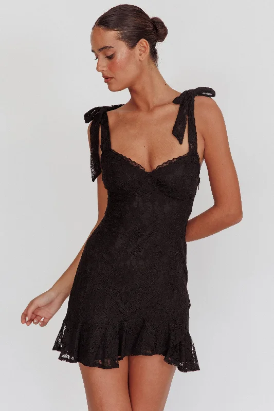 Emine Bow Shoulder Lace Mini Dress Black