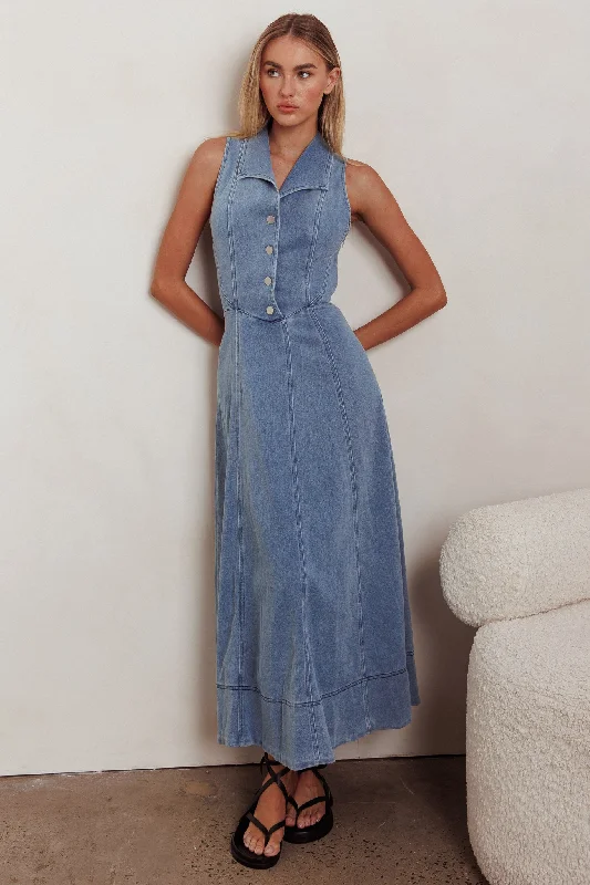 Entertain Me Sleeveless A-Line Maxi Dress Denim Blue