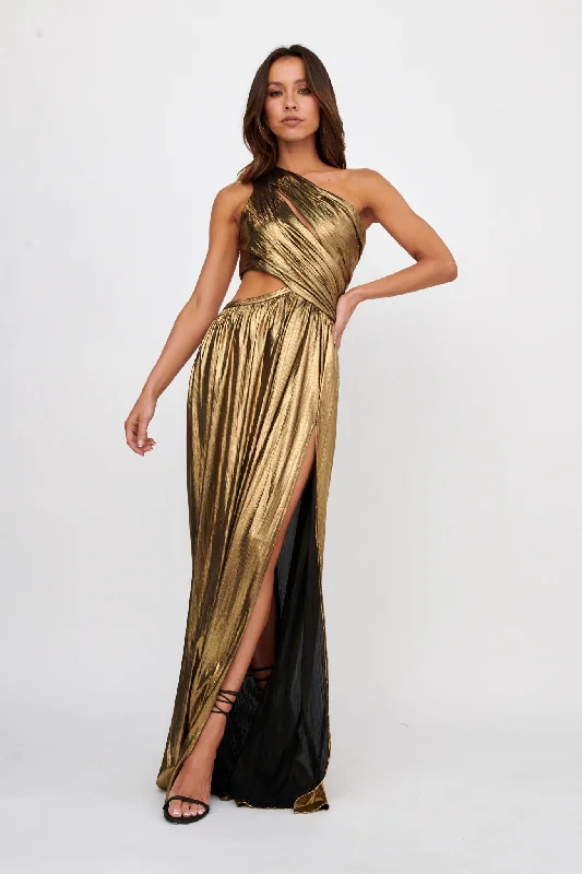 Fortuna One Shoulder Split Maxi Dress Black/Gold