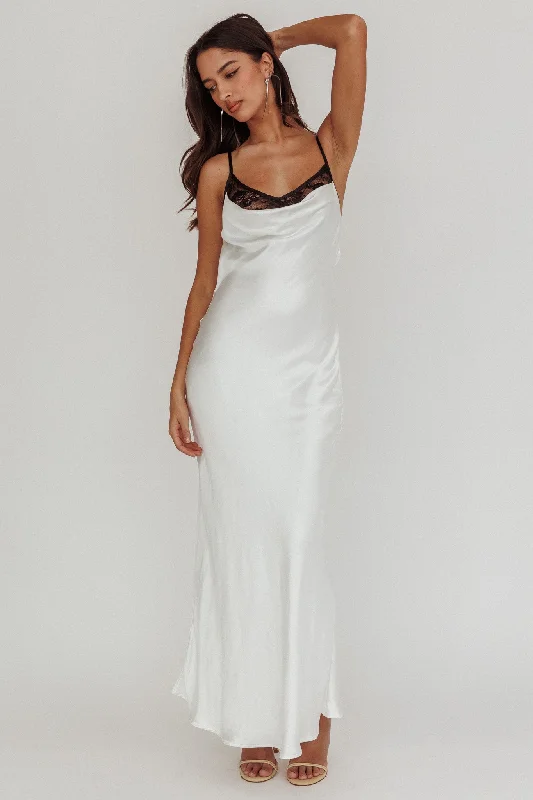 Gentle Touch Cowl Neck Satin Maxi Dress White