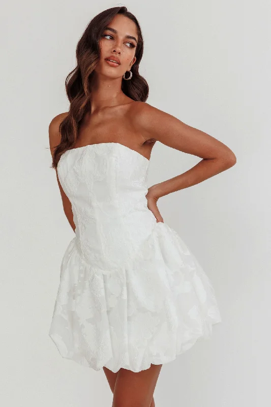 Monti Strapless Bubble Hem Mini Dress Embroidered White