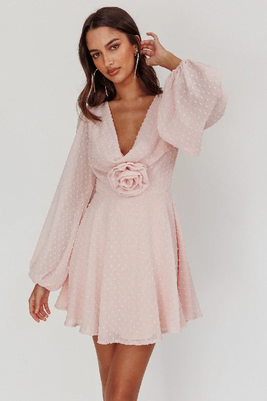 Open Heart Long Sleeve Rosette Mini Dress Baby Pink