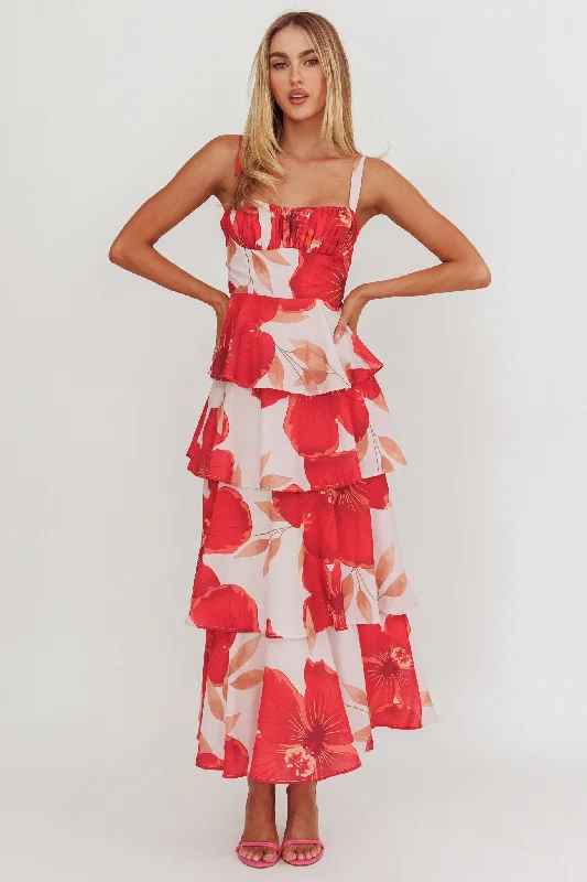 Provence Bloom Tiered Ruffle Floral Maxi Dress Blush