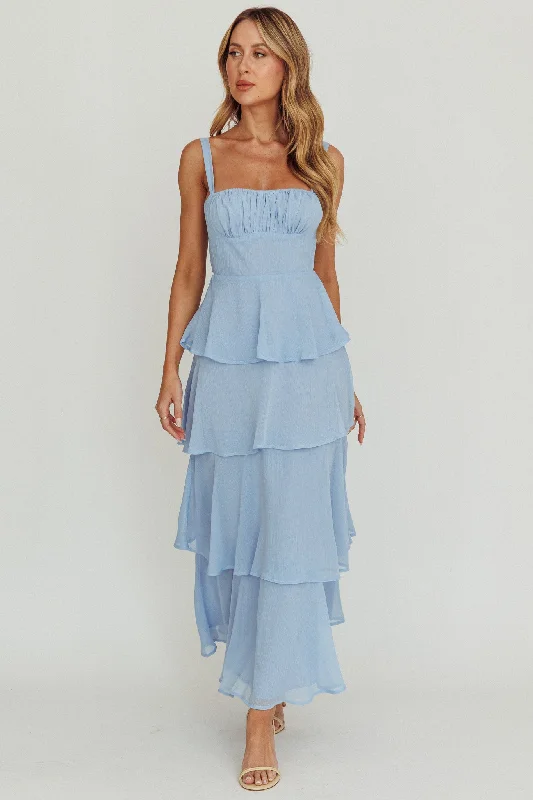 Provence Bloom Tiered Ruffle Maxi Dress Sky Blue