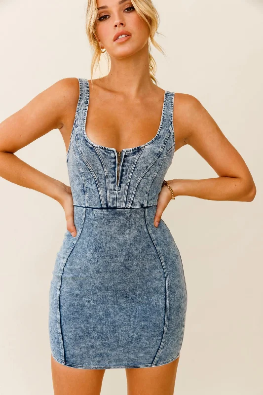 Rhythm Wide Strap Bodycon Mini Dress Washed Blue