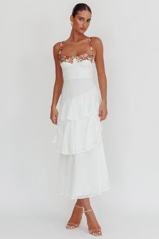 Rose Garden Tiered Ruffle Floral Trim Maxi Dress White