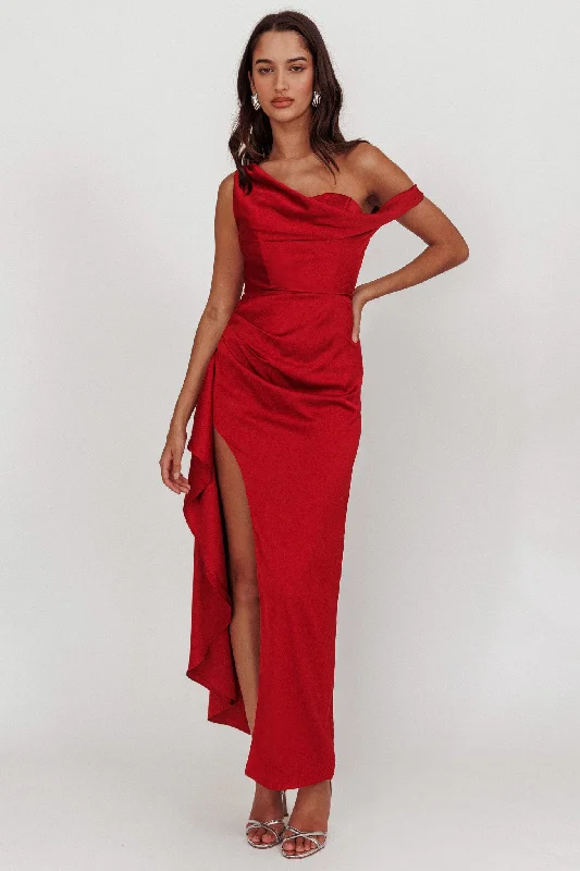 Sensations Off Shoulder Satin Maxi Dress Red