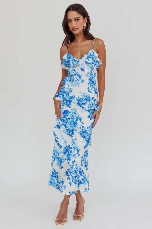 Silvana Frill Trim Maxi Dress Floral Blue