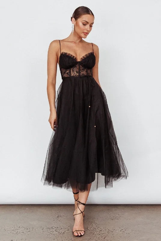 Trophy Lace Bodice Mesh Midi Dress Black