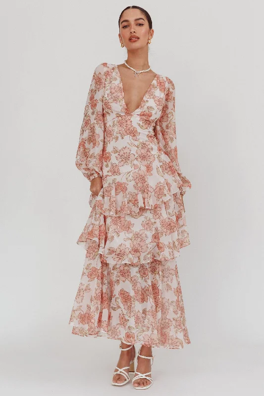 Veda Long Sleeve Floral Tiered Ruffle Maxi Dress Peach