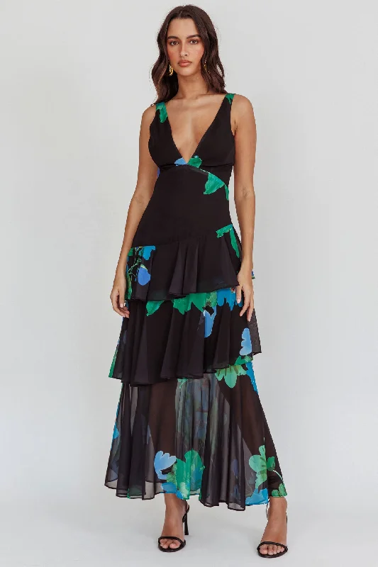 Veda Strappy Back Ruffle Maxi Dress Black