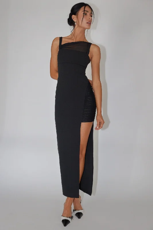 Zenya Split Ruched Midi Dress Black