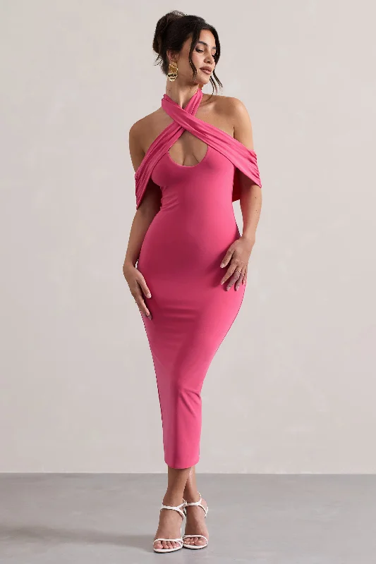 Connect | Pink Bodycon Halter-Neck Midi Dress With Cut-Out