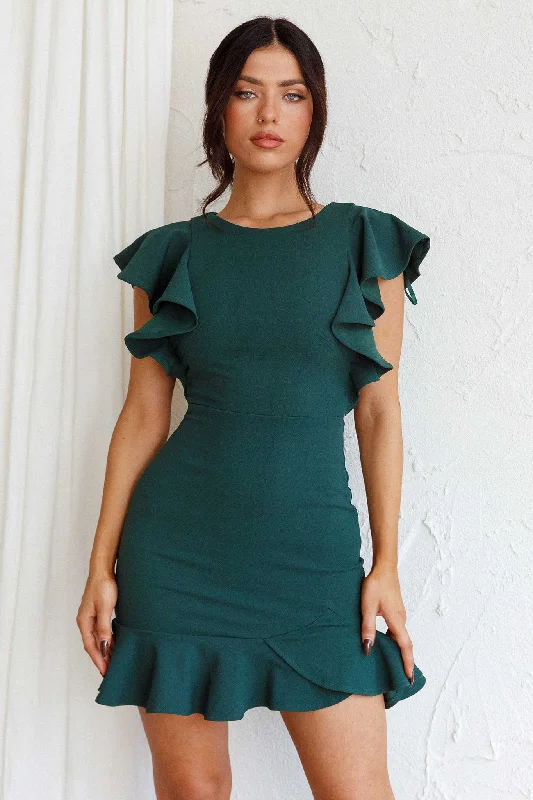 Cupid's Bow Ruffle Shoulder Bodycon Dress Forest Green