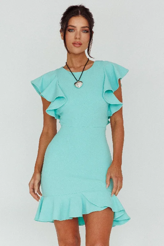 Cupid's Bow Ruffle Shoulder Bodycon Dress Teal