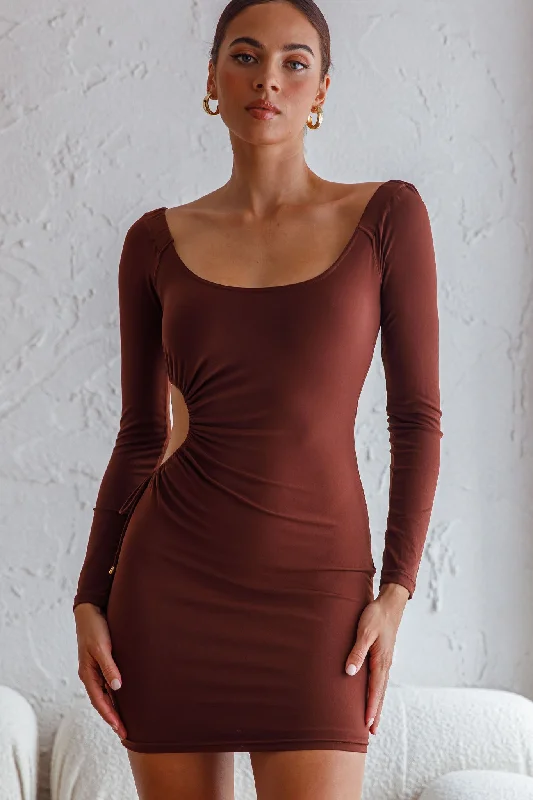 Nikola Cut-Out Feature Long Sleeve Bodycon Mini Dress Chocolate