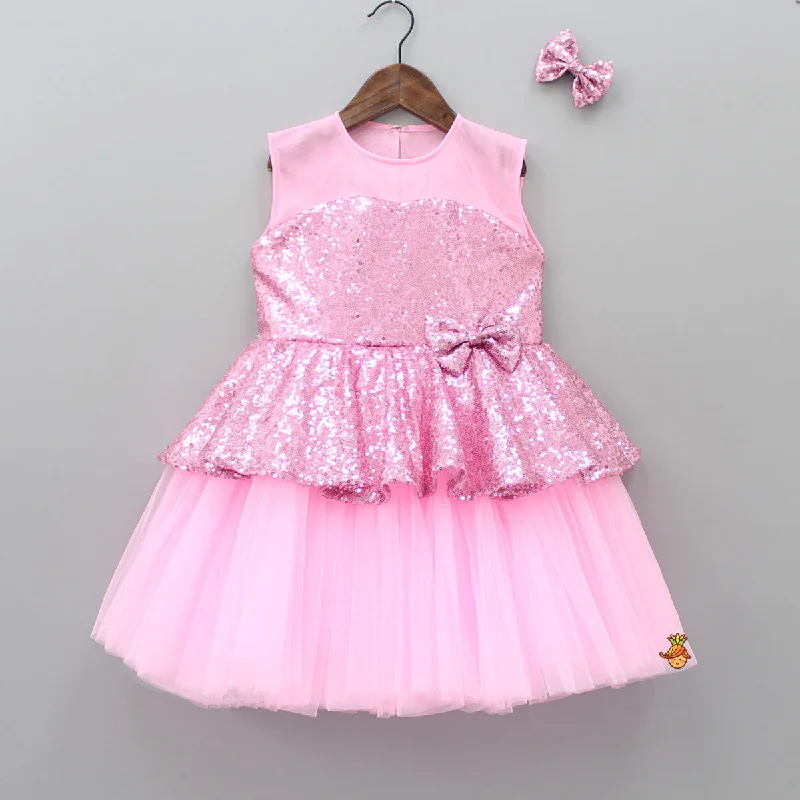 Pink Sequin Party Wear Dress With Hairclip