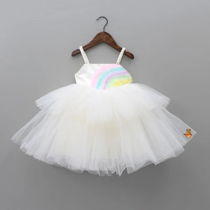 Rainbow and Pearl Detailed White Party Dress