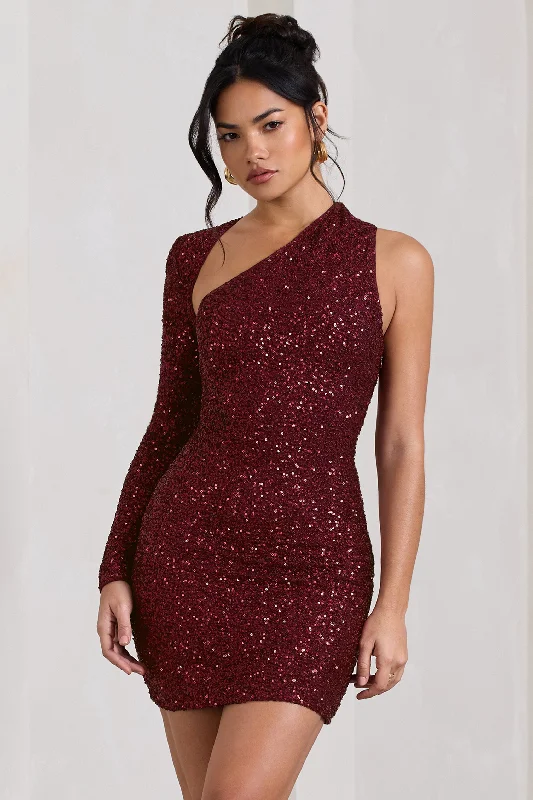 Siren | Burgundy Sequin One Shoulder Bodycon Mini Dress