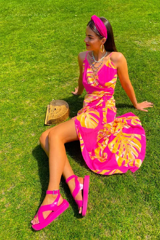 Garden Party - Pink Orange Palm Print Maxi Dress